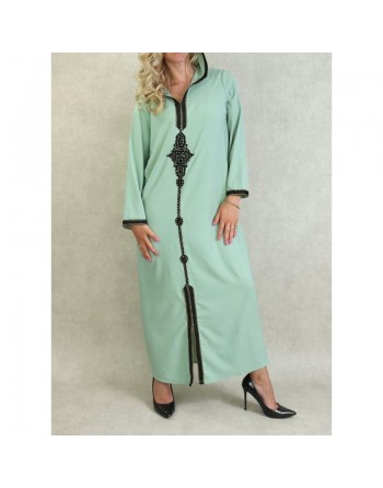 Djellaba marocaine à capuche brodée et décorée de strass - Couleur Vert clair 
