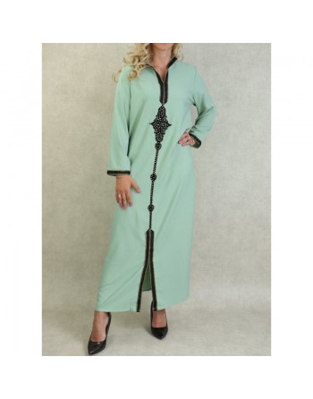 Djellaba marocaine à capuche brodée et décorée de strass - Couleur Vert clair 