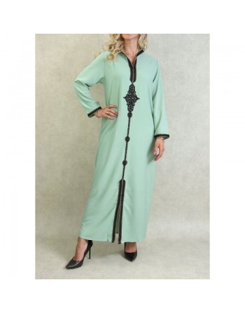 Djellaba marocaine à capuche brodée et décorée de strass - Couleur Vert clair 