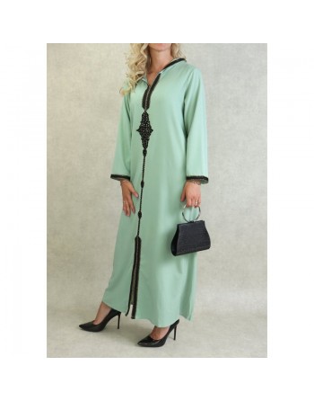 Djellaba marocaine à capuche brodée et décorée de strass - Couleur Vert clair 