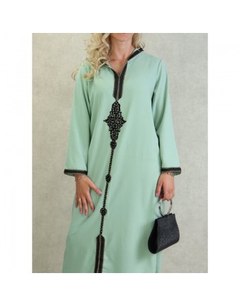 Djellaba marocaine à capuche brodée et décorée de strass - Couleur Vert clair 