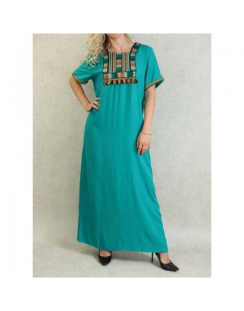 Robe longue manches courtes avec broderie originale - Couleur Vert 