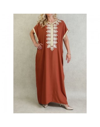 Robe marocaine manches courtes avec broderies - Couleur Rouille 