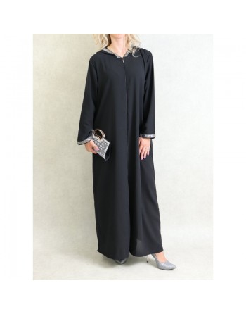 Djellaba orientale ample pour femme - Abaya à capuche avec fermeture éclair - Couleur Noir 