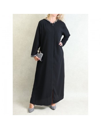 Djellaba orientale ample pour femme - Abaya à capuche avec fermeture éclair - Couleur Noir 