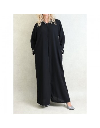 Djellaba orientale ample pour femme - Abaya à capuche avec fermeture éclair - Couleur Noir 