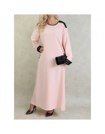 Robe à manches longues avec broderies et perles - Couleur Rose poudré 