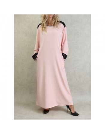 Robe à manches longues avec broderies et perles - Couleur Rose poudré 