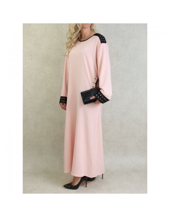Robe à manches longues avec broderies et perles - Couleur Rose poudré 