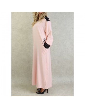 Robe à manches longues avec broderies et perles - Couleur Rose poudré 