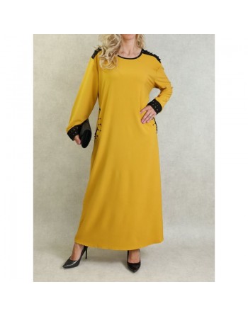 Robe à manches longues avec perles et broderies - Couleur Jaune moutarde 
