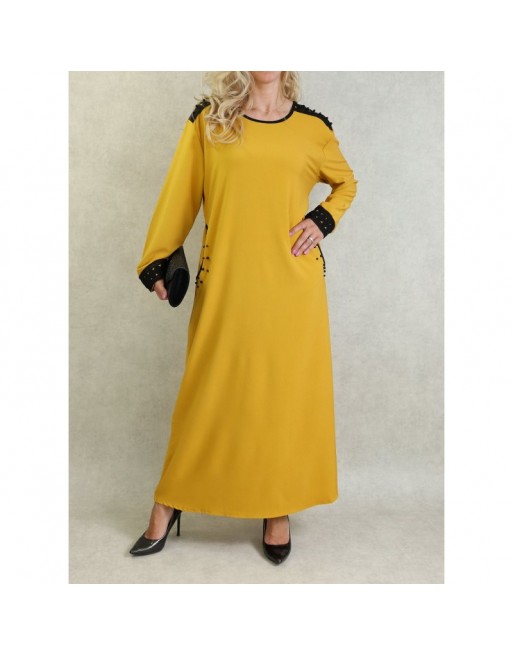 Robe à manches longues avec perles et broderies - Couleur Jaune moutarde Robe à manches longues avec perles et broderies - Couleur Jaune moutarde