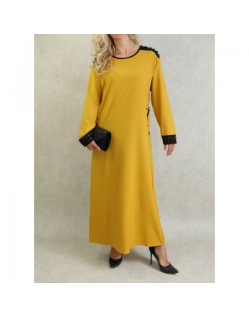 Robe à manches longues avec perles et broderies - Couleur Jaune moutarde 