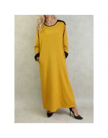Robe à manches longues avec perles et broderies - Couleur Jaune moutarde 