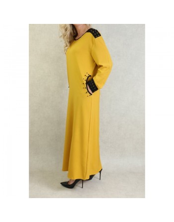 Robe à manches longues avec perles et broderies - Couleur Jaune moutarde 