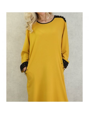 Robe à manches longues avec perles et broderies - Couleur Jaune moutarde 