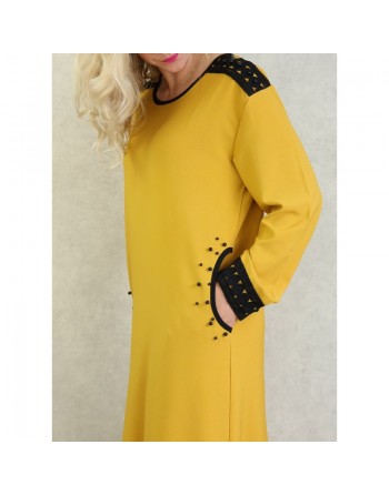 Robe à manches longues avec perles et broderies - Couleur Jaune moutarde 