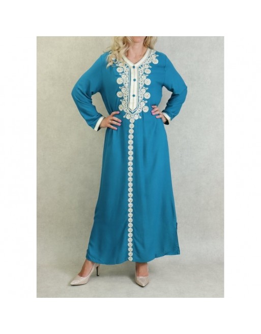 Robe Algérienne longue avec broderie et strass style caftan - Couleur Bleu pétrole Robe Algérienne longue avec broderie et strass style caftan - Couleur Bleu pétrole