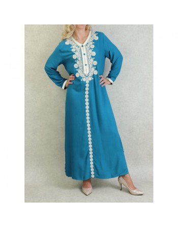Robe Algérienne longue avec broderie et strass style caftan - Couleur Bleu pétrole 
