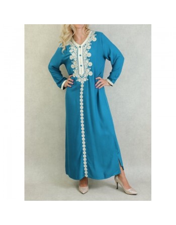 Robe Algérienne longue avec broderie et strass style caftan - Couleur Bleu pétrole 
