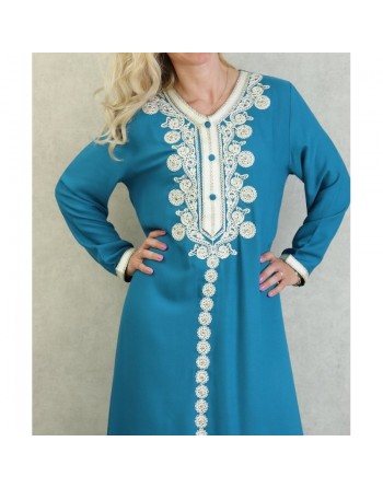 Robe Algérienne longue avec broderie et strass style caftan - Couleur Bleu pétrole 