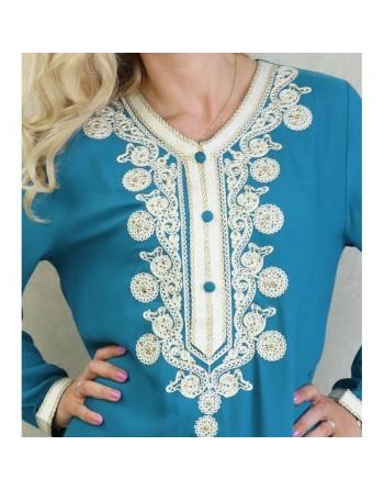 Robe Algérienne longue avec broderie et strass style caftan - Couleur Bleu pétrole 