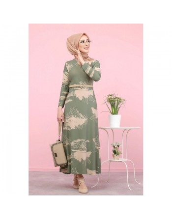 Robe longue originale imprimée floral artistique (Mode Musulmane) - Couleur kaki 