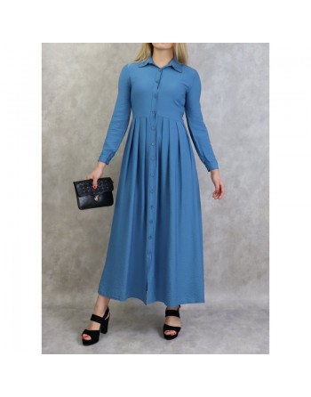 Robe longue casual chic boutonnée sur toute la longueur pour femme - Couleur Bleu 