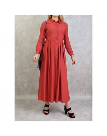Robe longue casual chic boutonnée sur toute la longueur pour femme - Couleur rouge brique 