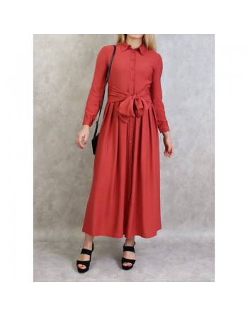 Robe longue casual chic boutonnée sur toute la longueur pour femme - Couleur rouge brique 