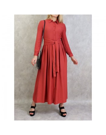 Robe longue casual chic boutonnée sur toute la longueur pour femme - Couleur rouge brique 
