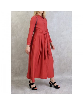 Robe longue casual chic boutonnée sur toute la longueur pour femme - Couleur rouge brique 