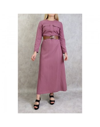 Robe longue évasée avec poches et ceinture marron - Couleur Mauve 