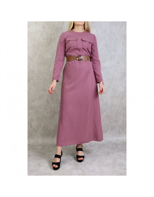Robe longue évasée avec poches et ceinture marron - Couleur Mauve Robe longue évasée avec poches et ceinture marron - Couleur Mauve