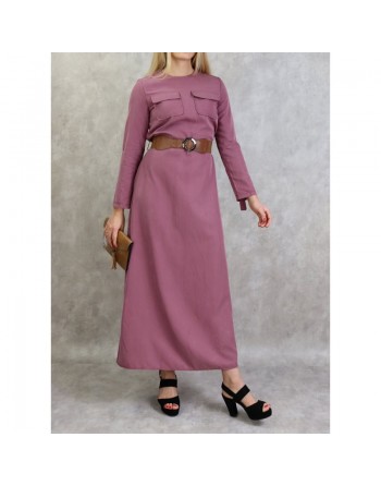 Robe longue évasée avec poches et ceinture marron - Couleur Mauve 