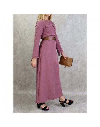 Robe longue évasée avec poches et ceinture marron - Couleur Mauve 