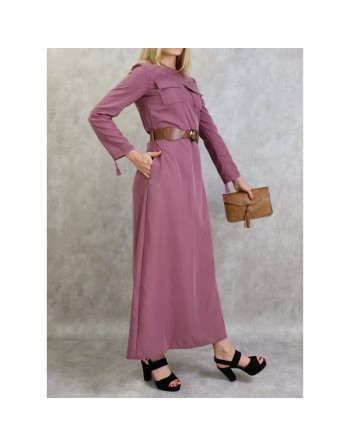 Robe longue évasée avec poches et ceinture marron - Couleur Mauve 
