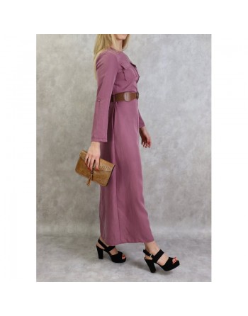 Robe longue évasée avec poches et ceinture marron - Couleur Mauve 