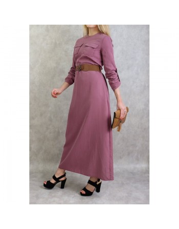 Robe longue évasée avec poches et ceinture marron - Couleur Mauve 