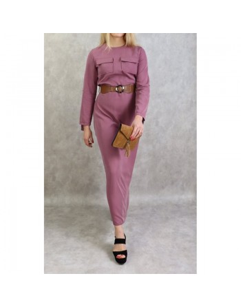 Robe longue évasée avec poches et ceinture marron - Couleur Mauve 