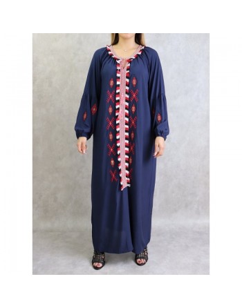 Robe ample à manches longues brodée - Couleur Bleu marine 