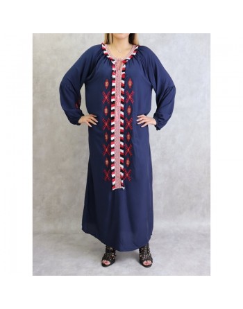 Robe ample à manches longues brodée - Couleur Bleu marine 