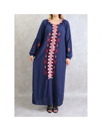 Robe ample à manches longues brodée - Couleur Bleu marine 