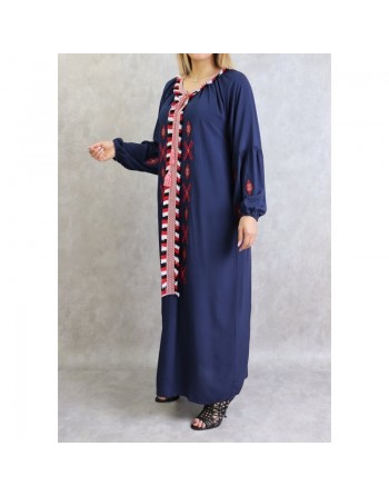 Robe ample à manches longues brodée - Couleur Bleu marine 