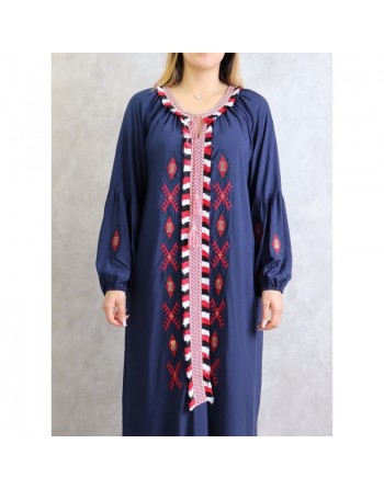 Robe ample à manches longues brodée - Couleur Bleu marine 