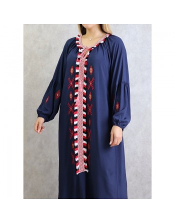 Robe ample à manches longues brodée - Couleur Bleu marine 