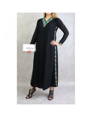 Abaya noire moderne de Dubaï satinée avec broderies et écharpe assortie (Vêtement oriental pudique pour femme) 