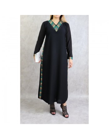 Abaya noire moderne de Dubaï satinée avec broderies et écharpe assortie (Vêtement oriental pudique pour femme) 