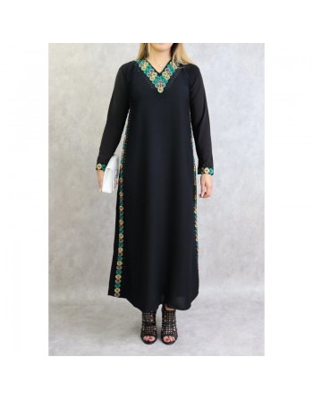 Abaya noire moderne de Dubaï satinée avec broderies et écharpe assortie (Vêtement oriental pudique pour femme) 