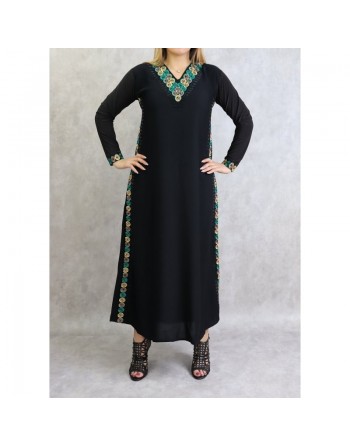 Abaya noire moderne de Dubaï satinée avec broderies et écharpe assortie (Vêtement oriental pudique pour femme) 